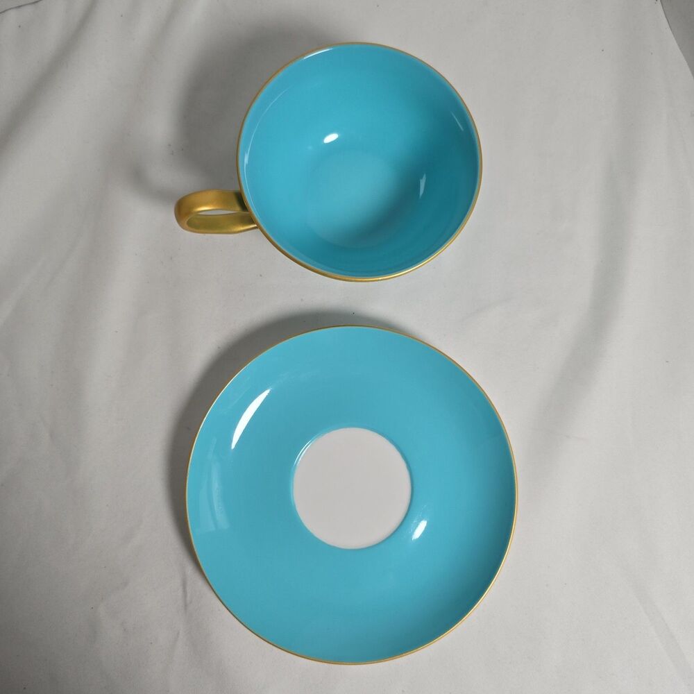 Shelley Gracie Fine Bone China Aqua Blue/Turquoise & Gold Teacup & Saucer + Box - Picture 5 of 16
